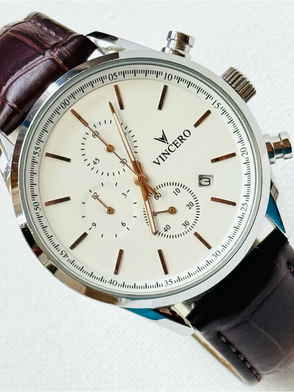 Vincero Chrono S2 40mm Men's Sapphire Chronograph Watch Silver Brown Leather